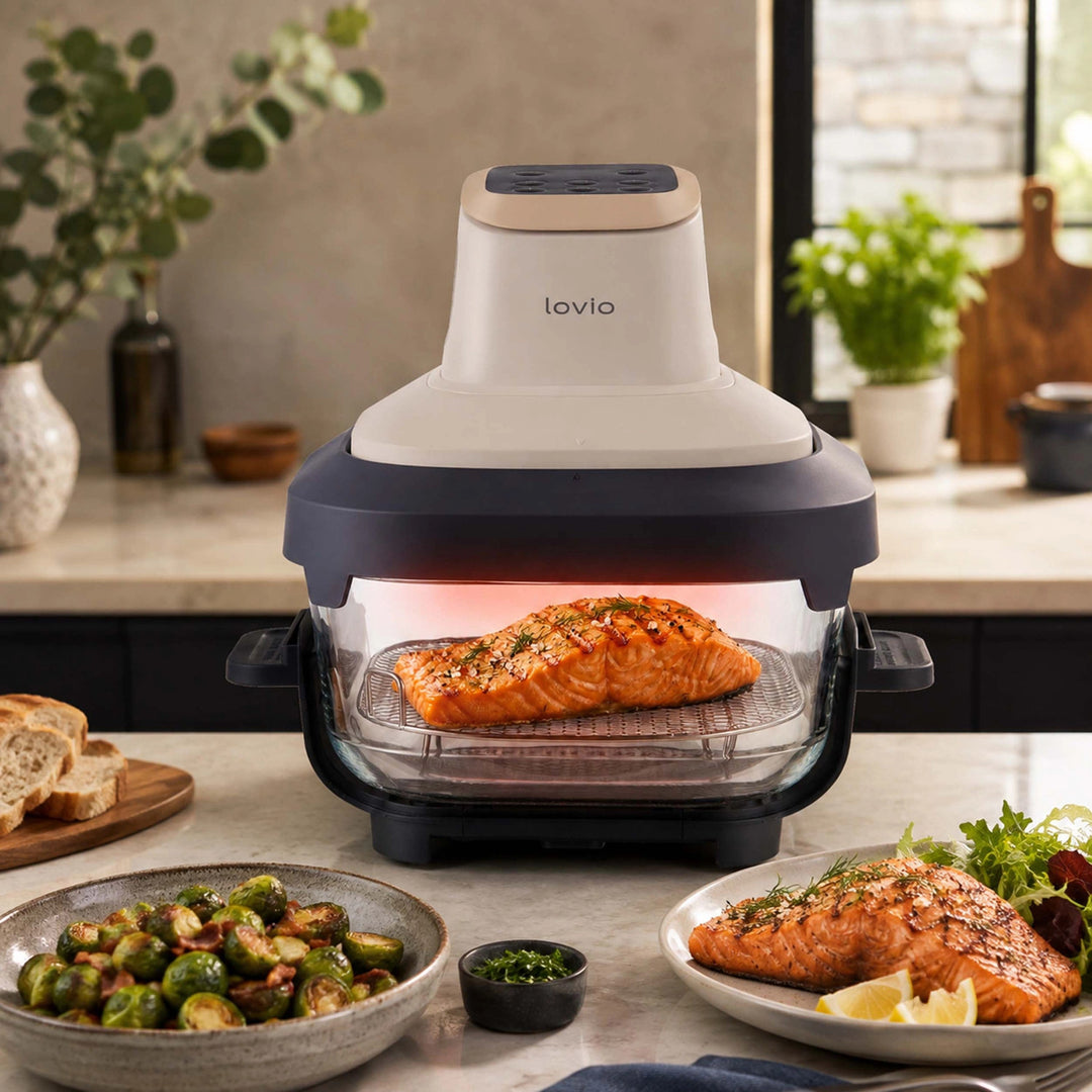 Beztuková fritéza air fryer LOVIO PureFry Ultra Crisp LVAF003BE 4 l + 1,5 l, 1550 W, béžová, sklenené nádoby