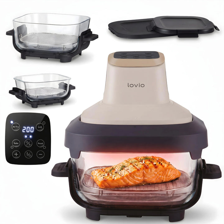 Beztuková fritéza air fryer LOVIO PureFry Ultra Crisp LVAF003BE 4 l + 1,5 l, 1550 W, béžová, sklenené nádoby