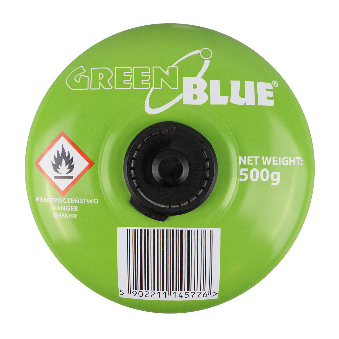 Plynová náplň 500 g GreenBlue. Certifikát: Pi 0437, v súlade s normou EN 417, bután-propán, teplotný rozsah od -10 °C do +40 °C, ventil 7/16", GB499, 48 kusov