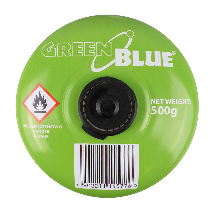 Plynová náplň 500 g GreenBlue. Certifikát: Pi 0437, v súlade s normou EN 417, bután-propán, teplotný rozsah od -10 °C do +40 °C, ventil 7/16", GB499, 48 kusov