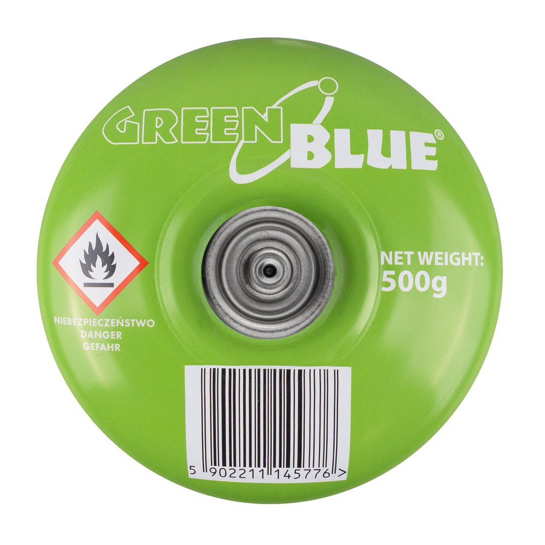 Plynová náplň 500 g GreenBlue. Certifikát: Pi 0437, v súlade s normou EN 417, bután-propán, teplotný rozsah od -10 °C do +40 °C, ventil 7/16", GB499, 48 kusov