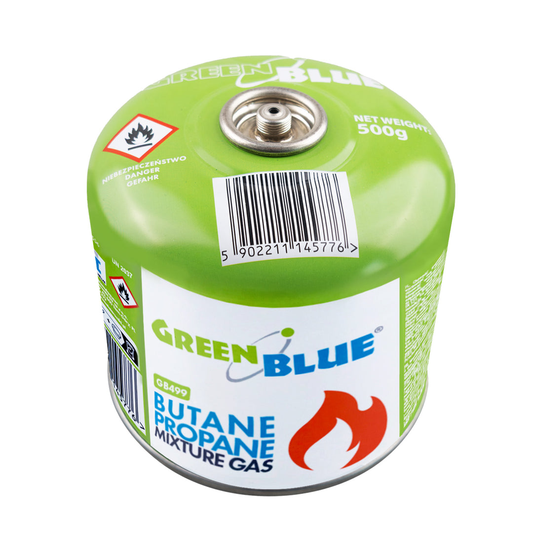 Plynová náplň 500 g GreenBlue. Certifikát: Pi 0437, v súlade s normou EN 417, bután-propán, teplotný rozsah od -10 °C do +40 °C, ventil 7/16", GB499, 48 kusov