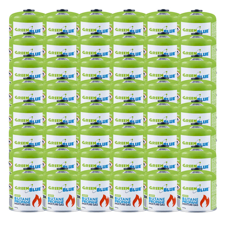 Plynová náplň 500 g GreenBlue. Certifikát: Pi 0437, v súlade s normou EN 417, bután-propán, teplotný rozsah od -10 °C do +40 °C, ventil 7/16", GB499, 48 kusov