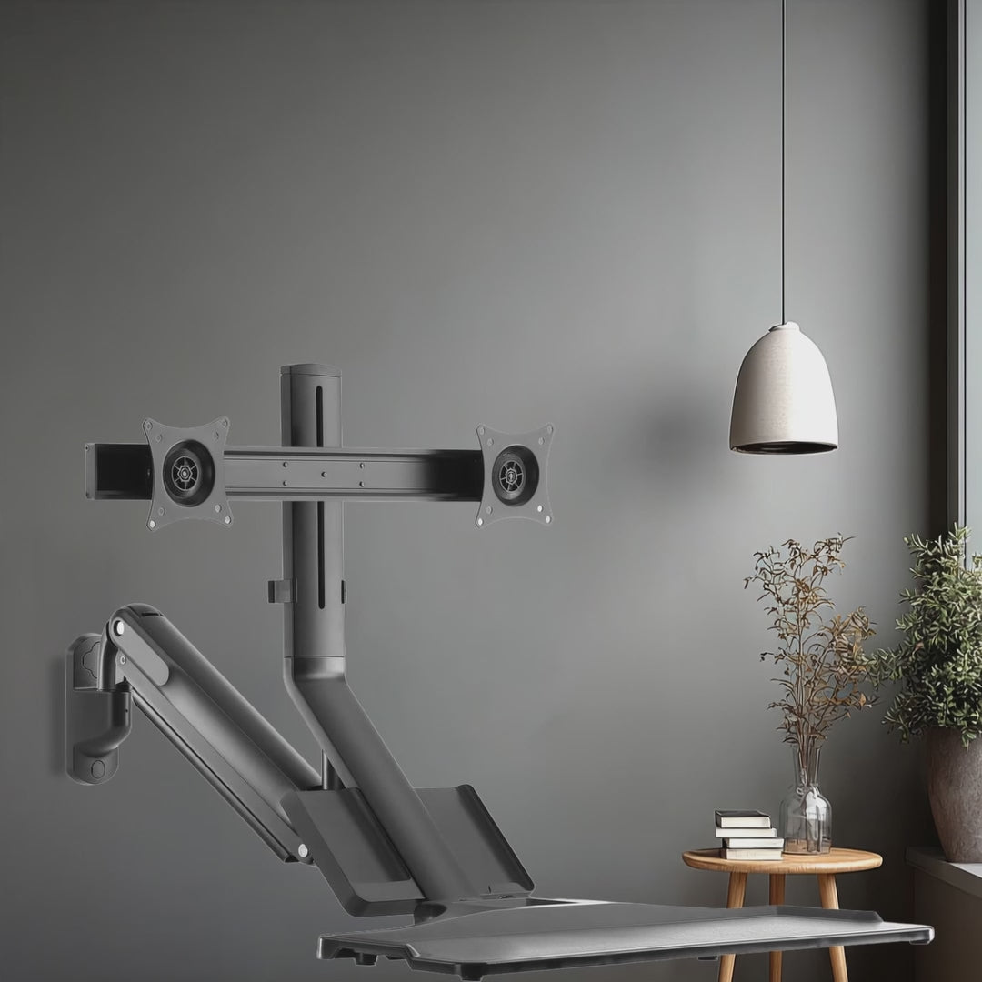 Nástenný držiak Maclean pre dva monitory a klávesnicu, plynová pružina s držiakom počítača, pre monitory 17"~ 27", MC-633 na prácu v stoji