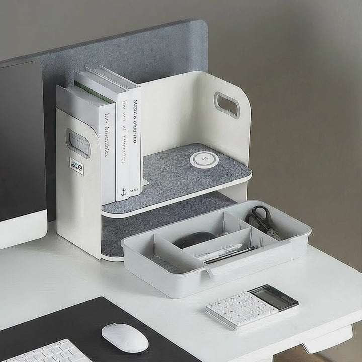 Stolový organizér s bezdrôtovým nabíjaním Qi, zásuvkou a zakladačom na kancelárske predmety do 10 kg biely