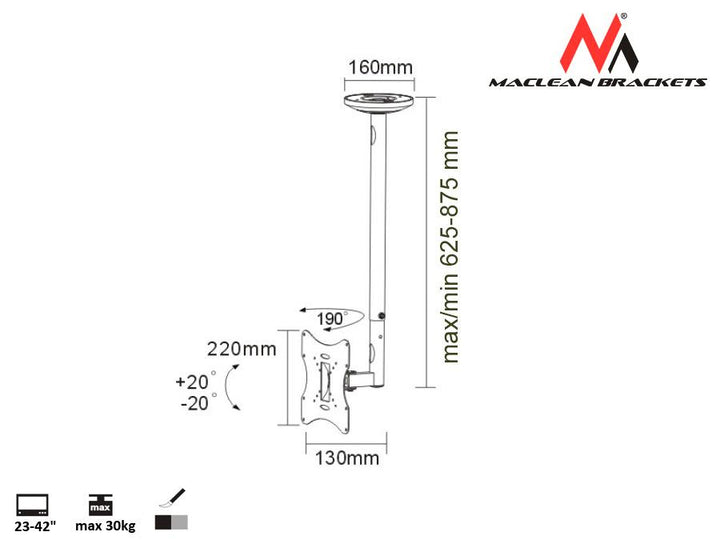 Stropný držiak TV 22-42 &#39;&#39; 30kg strieborný Maclean MC-504A S