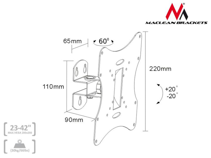 Držiak pre TV alebo monitor 23-42 &#39;&#39; 30kg univerzálny Maclean MC-501A S strieborná vesa 200x200