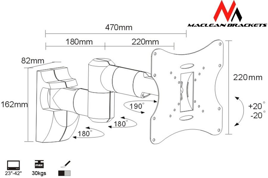 Držiak pre TV alebo monitor 23-42 "30kg univerzálny Maclean MC-503A S strieborná max vesa 200x200