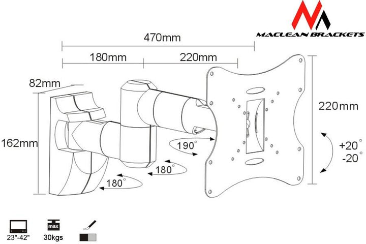 Držiak pre TV alebo monitor 23-42 "30kg univerzálny Maclean MC-503A S strieborná max vesa 200x200