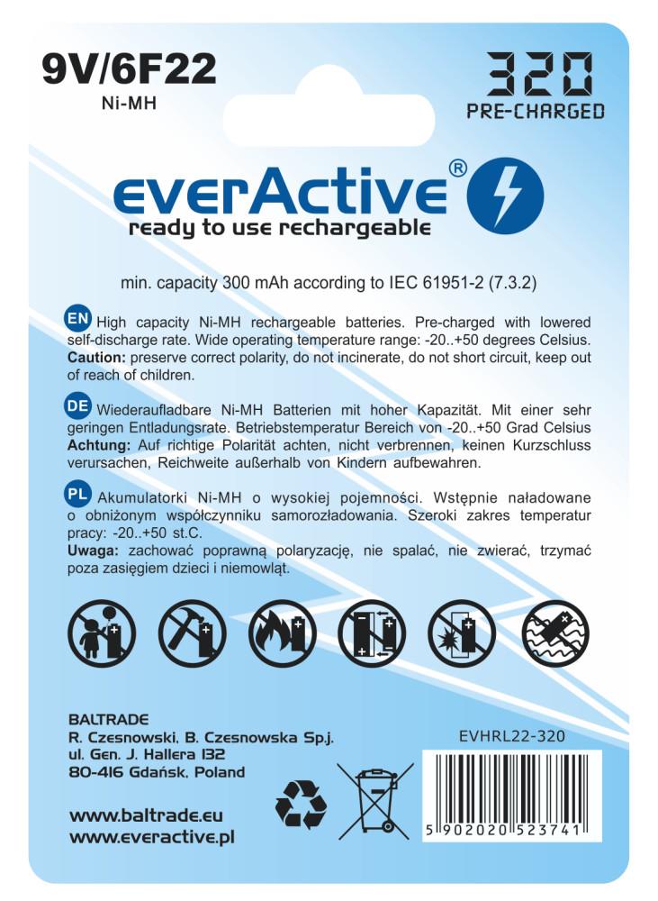 Akumulátor everActive 6F22/9V Ni-MH 320 mAh pripravený na použitie