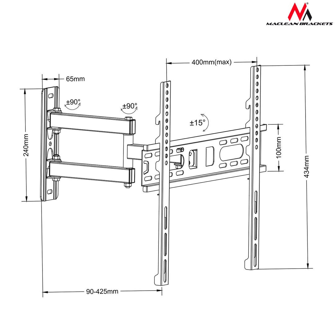 Držák pro televizor nebo monitor 26-55" 30kg universální Maclean MC-761 černý max vesa 400x400