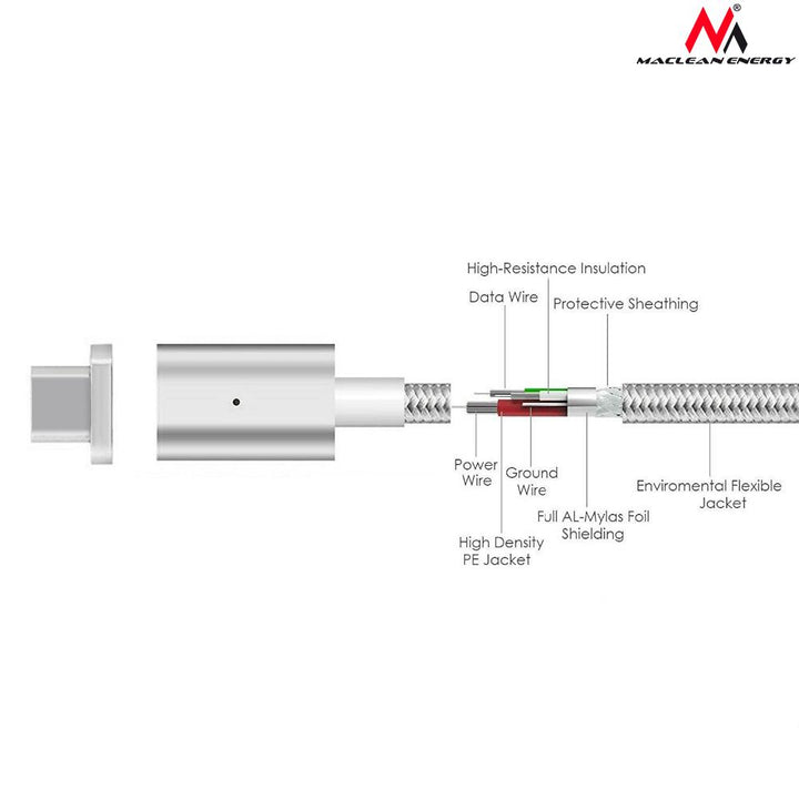 Maclean Energy USB Type-C kábel MCE178 magnetický strieborný
