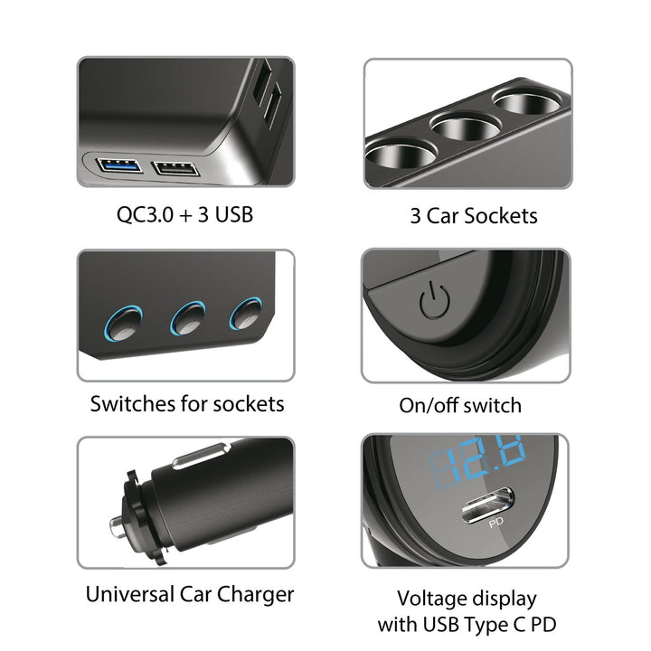 Rozdeľovač zásuviek zapaľovača, voltmeter, 3 zásuvky zapaľovača, 1xQuick Charge 3.0, 3xUSB 6,8A, 1x Power Delivery 18W, Maclean MCE218, Max 120W