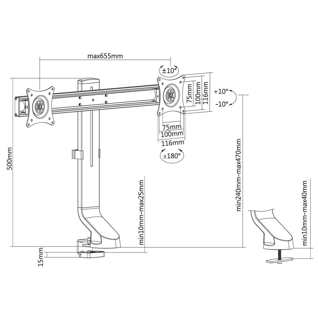 Držiak pre dva monitory / dvojitý monitor 17"-27" 14kg Maclean MC-854 VESA 75x75 100x100 vhodný pre MC-848 a MC-849