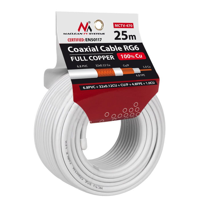 Satelitný koaxiálny kábel RG6 25M Maclean MCTV-470 1.02CU+4.8FPE+CU/P+32*0.12CU+6.8PVC