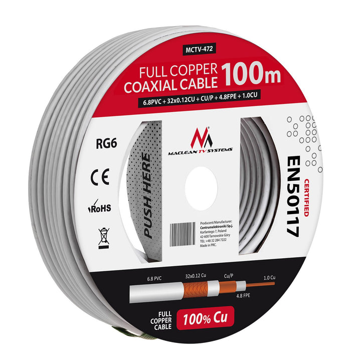 Koaxiální kabel RG6 100M Maclean MCTV-472 1,02CU + 4,8FPE + CU / P + 32 * 0,12CU + 6,8PVC