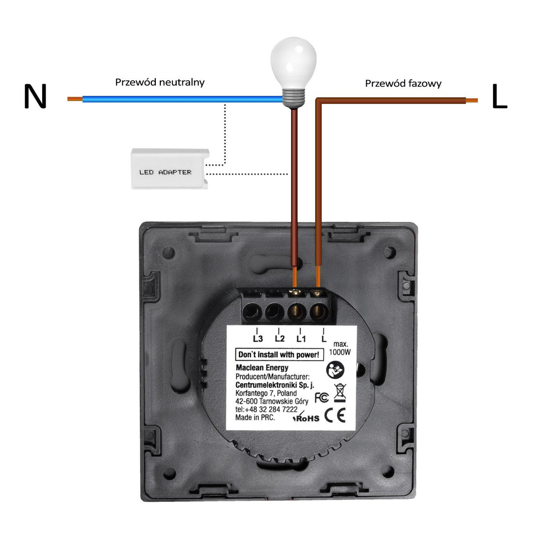 Dotykový vypínač, jednoduchý, sklenený, biely so štvorcovým tlačidlom Maclean Energy MCE701W, rozmery 86x86mm, s osvetlením tlačidla