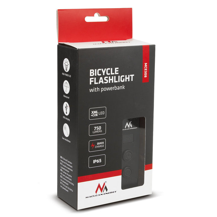 Svietidlo na bicykel XML+COB LED 750 lumenov LED Maclean Energy + powerbank set MCE308 výkonný