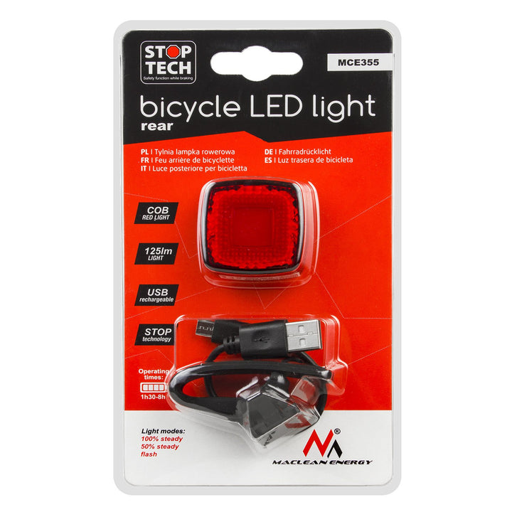 Zadné svietidlo na bicykel USB AUTO STOP súmrakový senzor Maclean Energy MCE355 COB LED max.125lm acu 450mAh