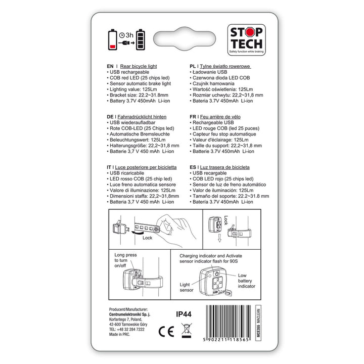 Zadné svietidlo na bicykel USB AUTO STOP súmrakový senzor Maclean Energy MCE355 COB LED max.125lm acu 450mAh