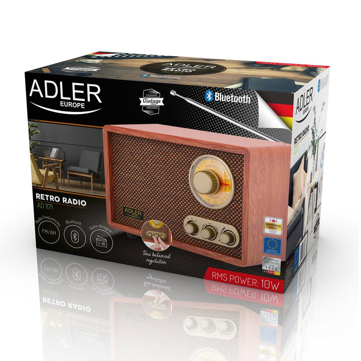 Retro FM AM rádio s Bluetooth Adler AD 1171 s drevenou skrinkou