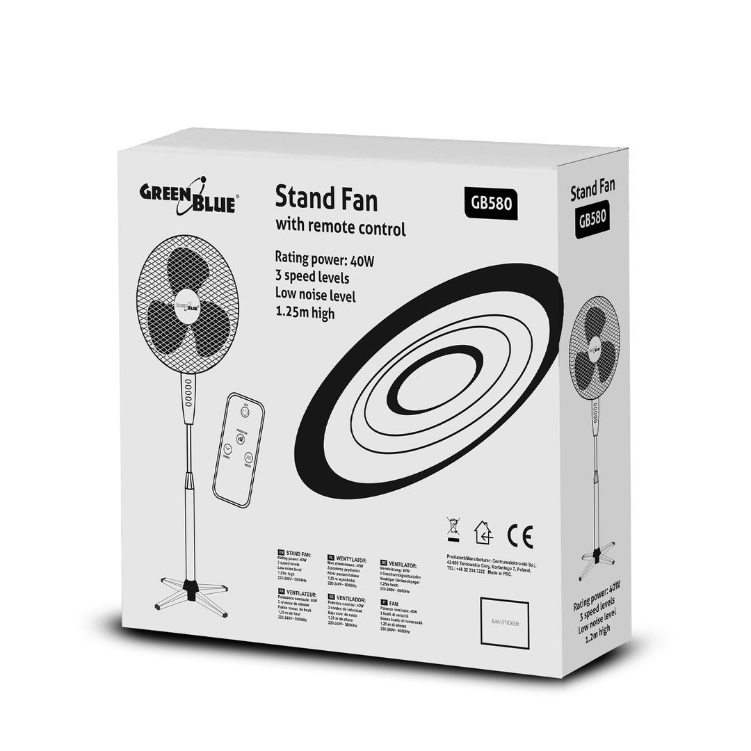 GreenBlue 40W podlahový ventilátor s 3 úrovňami výkonu 1,25 m vysoký 1,5 m kábel s diaľkovým ovládaním a časovačom do 7,5 h GB580
