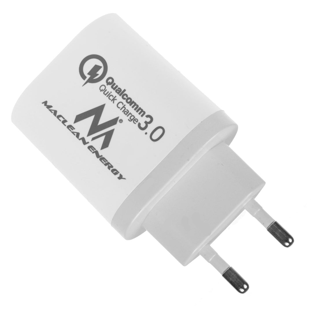 Rychlá nabíječka 1xQC 3.0 Maclean Energy MCE479 W - bílá Qualcomm Quick Charge QC 3.0 - 3,6-6VV / 3A, 6-9V / 2A, 9-12V / 1,5A a 2 zásuvky 5V / 2,1A