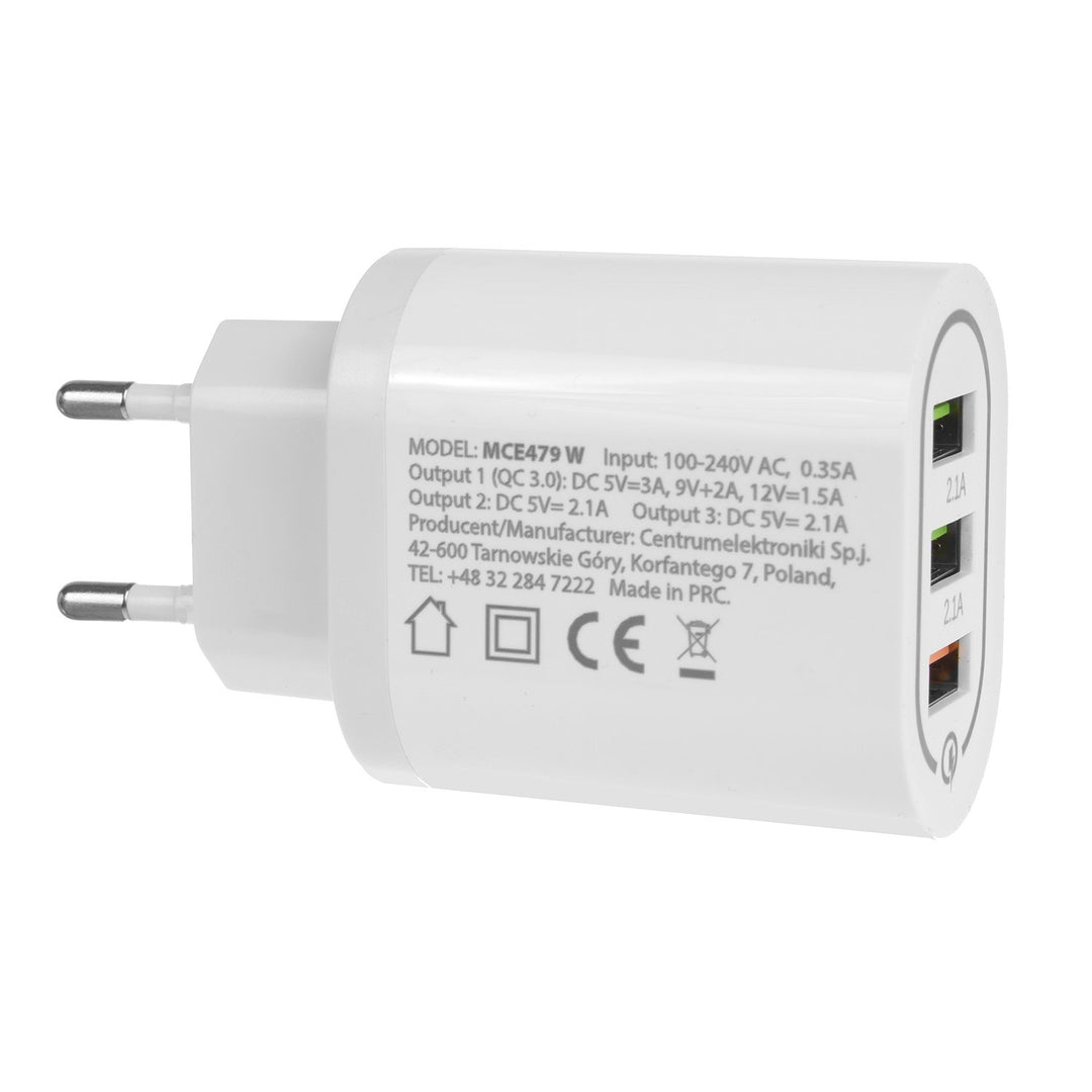 Rychlá nabíječka 1xQC 3.0 Maclean Energy MCE479 W - bílá Qualcomm Quick Charge QC 3.0 - 3,6-6VV / 3A, 6-9V / 2A, 9-12V / 1,5A a 2 zásuvky 5V / 2,1A