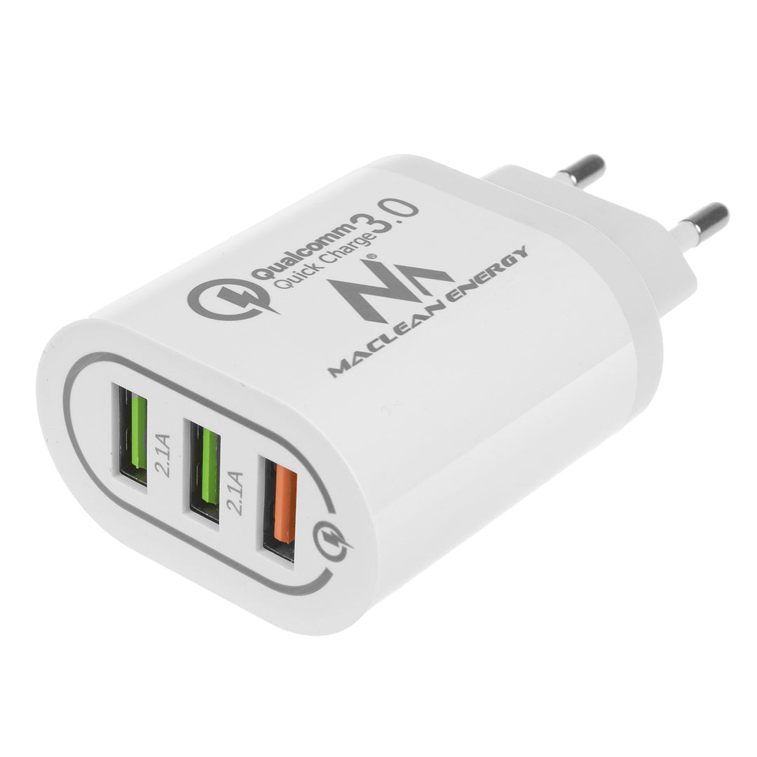 Rychlá nabíječka 1xQC 3.0 Maclean Energy MCE479 W - bílá Qualcomm Quick Charge QC 3.0 - 3,6-6VV / 3A, 6-9V / 2A, 9-12V / 1,5A a 2 zásuvky 5V / 2,1A