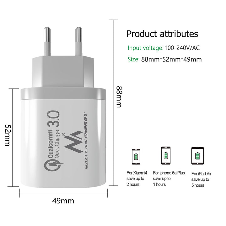 Rychlá nabíječka 1xQC 3.0 Maclean Energy MCE479 W - bílá Qualcomm Quick Charge QC 3.0 - 3,6-6VV / 3A, 6-9V / 2A, 9-12V / 1,5A a 2 zásuvky 5V / 2,1A