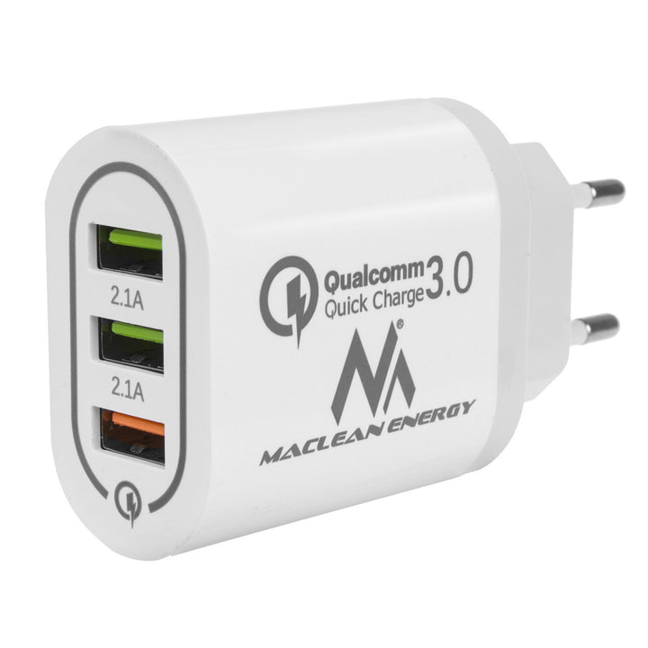 Rychlá nabíječka 1xQC 3.0 Maclean Energy MCE479 W - bílá Qualcomm Quick Charge QC 3.0 - 3,6-6VV / 3A, 6-9V / 2A, 9-12V / 1,5A a 2 zásuvky 5V / 2,1A