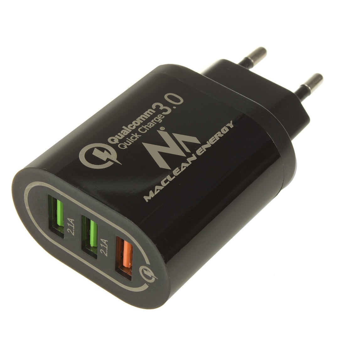 1xQC 3.0 sieťová nabíjačka Maclean Energy MCE479 B - čierna Qualcomm Quick Charge QC 3.0 - 3,6-6VV/3A, 6-9V/2A, 9-12V/1,5A a 2 zásuvky 5V/2,1A