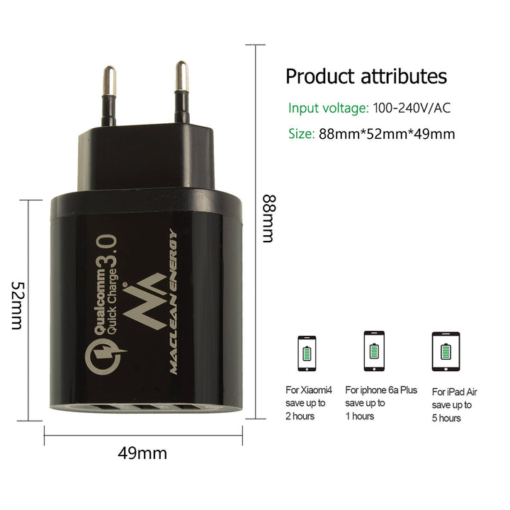 1xQC 3.0 sieťová nabíjačka Maclean Energy MCE479 B - čierna Qualcomm Quick Charge QC 3.0 - 3,6-6VV/3A, 6-9V/2A, 9-12V/1,5A a 2 zásuvky 5V/2,1A