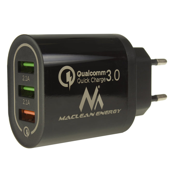 1xQC 3.0 sieťová nabíjačka Maclean Energy MCE479 B - čierna Qualcomm Quick Charge QC 3.0 - 3,6-6VV/3A, 6-9V/2A, 9-12V/1,5A a 2 zásuvky 5V/2,1A