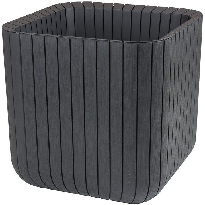 Kvetináč Keter odolný voči poškodeniu a škodlivým atmosférickým vplyvom Cube Wood Planter L antracit