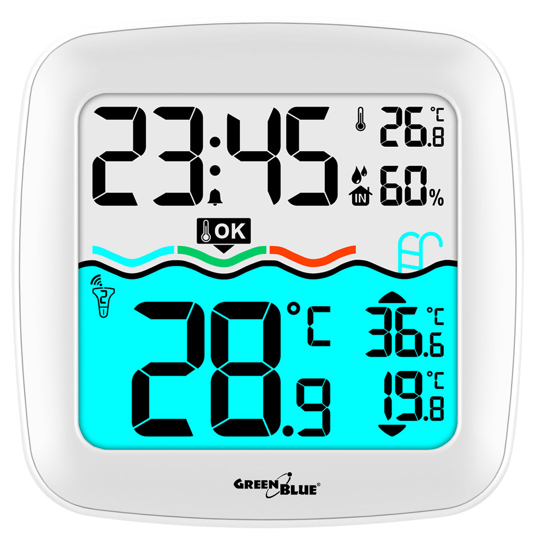 Meteostanica s bazénovým teplomerom GreenBlue, dosah 60 m, plávajúci senzor, teplota, čas, kalendár, DCF, GB216