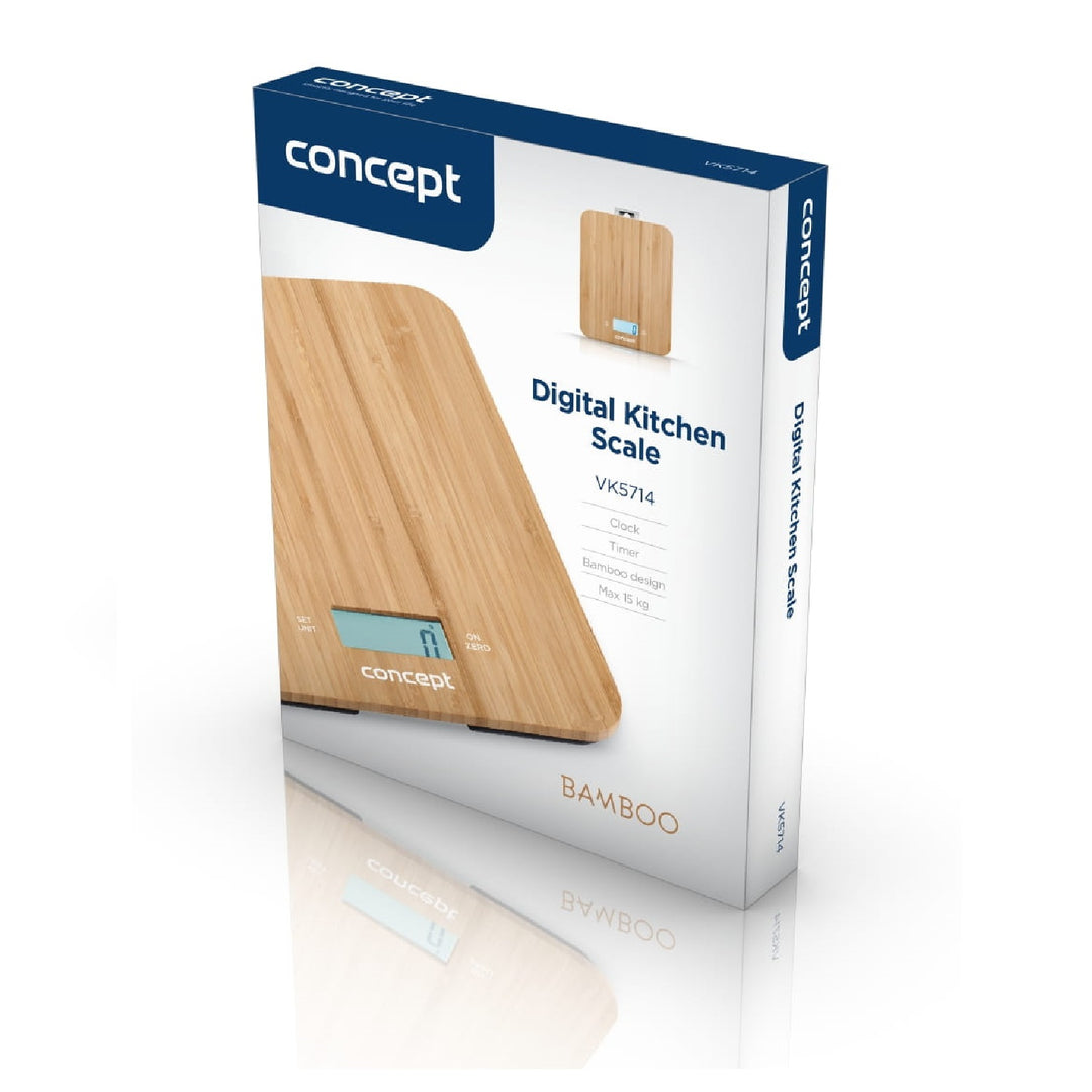 Concept VK5713 Digitálna kuchynská váha - bambus - 15 kg Časovač hodín Bambusový dizajn max. 15 kg s háčikom na zavesenie