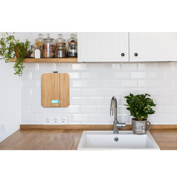 Concept VK5713 Digitálna kuchynská váha - bambus - 15 kg Časovač hodín Bambusový dizajn max. 15 kg s háčikom na zavesenie