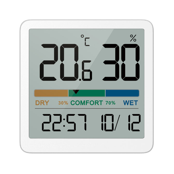 Teplomer/vlhkomer s funkciou hodín a dátumu, zelenomodrý, batéria CR2032, teplotný rozsah -9,9 °C až +60 °C, GB380