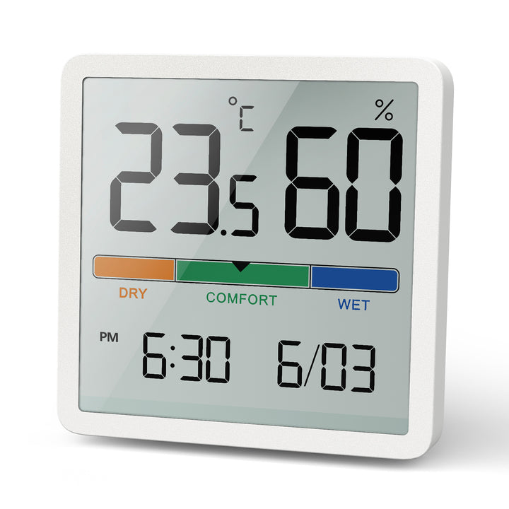 Teplomer/vlhkomer s funkciou hodín a dátumu, zelenomodrý, batéria CR2032, teplotný rozsah -9,9 °C až +60 °C, GB380