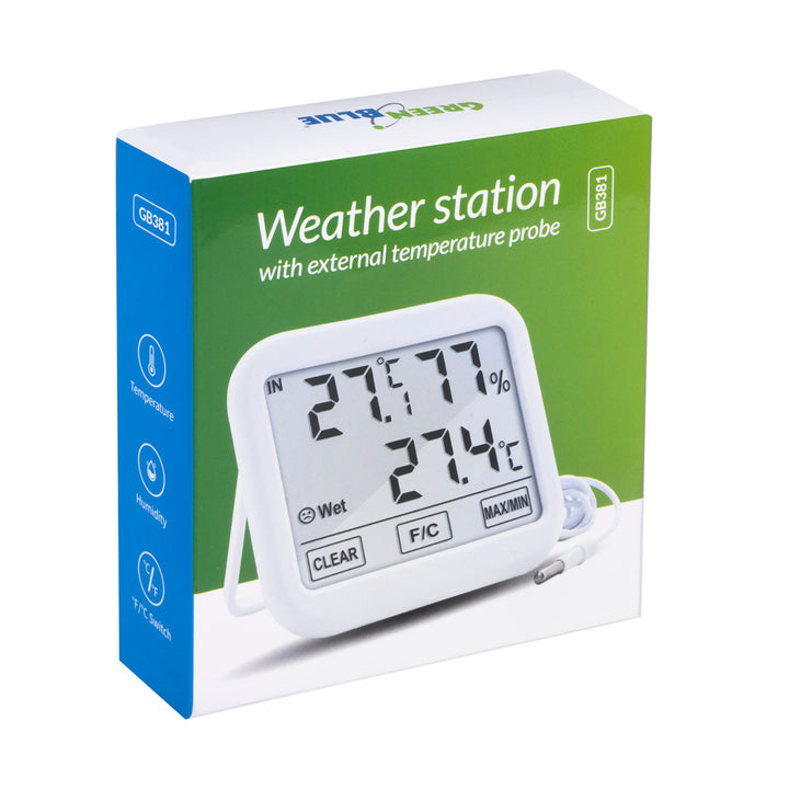 Meteostanica s 1,5 m vonkajšou sondou, dĺžka kábla 1,5 m, batéria 2xAA, GreenBlue GB381