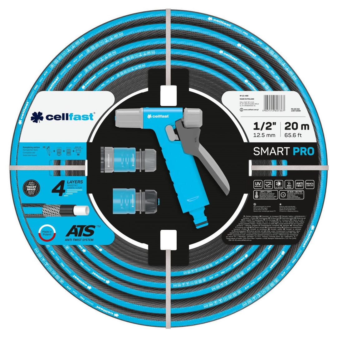Súprava zavlažovačov SMART PRO ATS 13-490 - 1/2" hadica 20 m, pištoľový postrekovač HYDRON, rýchlospojka - doraz, rýchlospojka - priechodka, univerzálna prípojka s vnútorným závitom G3/4" - G1"