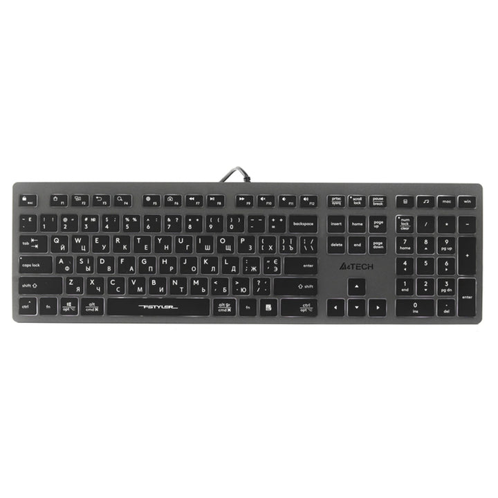 A4tech FX60H QWERTY herná klávesnica 12 multimediálnych navigačných klávesov 2x USB port Plug & Play USB port Kábel dlhý 1,5 m (biele podsvietenie)