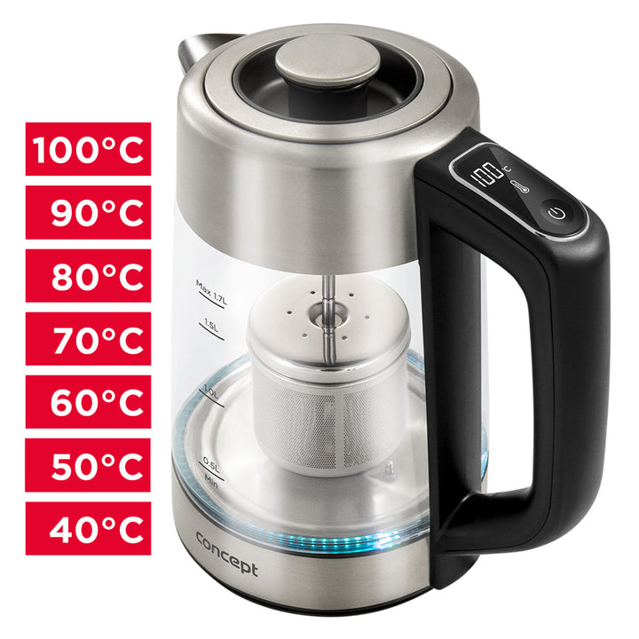 Sklenená rýchlovarná kanvica Concept 1,7 l s reguláciou teploty a varičom RK4190